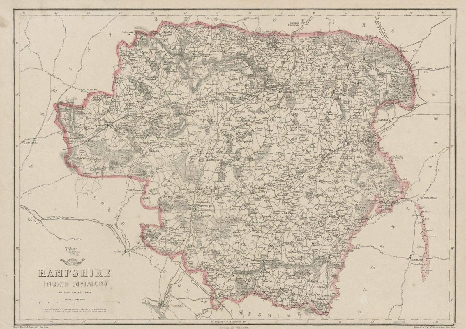 HAMPSHIRE NORTH. Winchester Basingstoke. Exclave. Railways. WELLER 1862 map